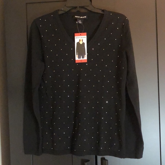 💎 NWT!! DKNY rhinestone polkadot v neck sweater - Picture 2 of 16